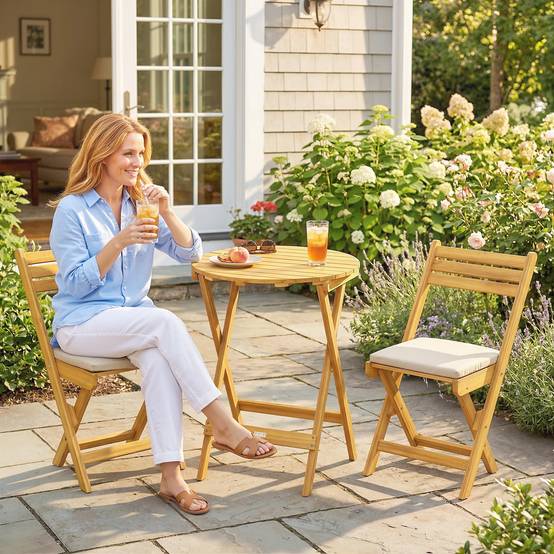 Salon bistrot pliant 3 pièces bois acacia balcon avec coussins naturel - ComfortXL Outdoor Living - Image 3
