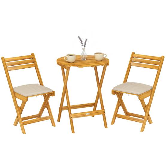 Salon bistrot pliant 3 pièces bois acacia balcon avec coussins naturel - ComfortXL Outdoor Living - Image 1