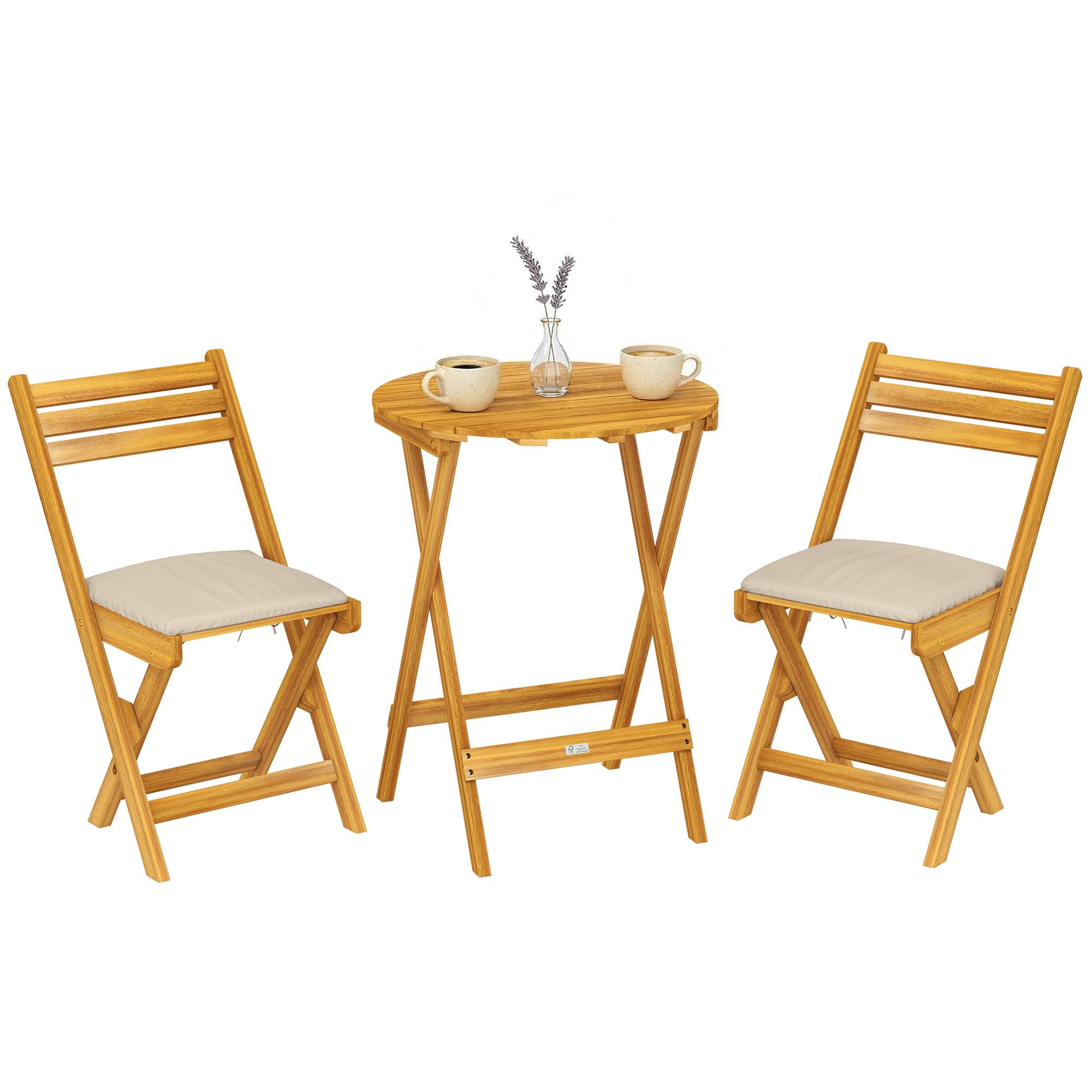 Salon bistrot pliant 3 pièces bois acacia balcon avec coussins naturel - ComfortXL Outdoor Living - Image 1