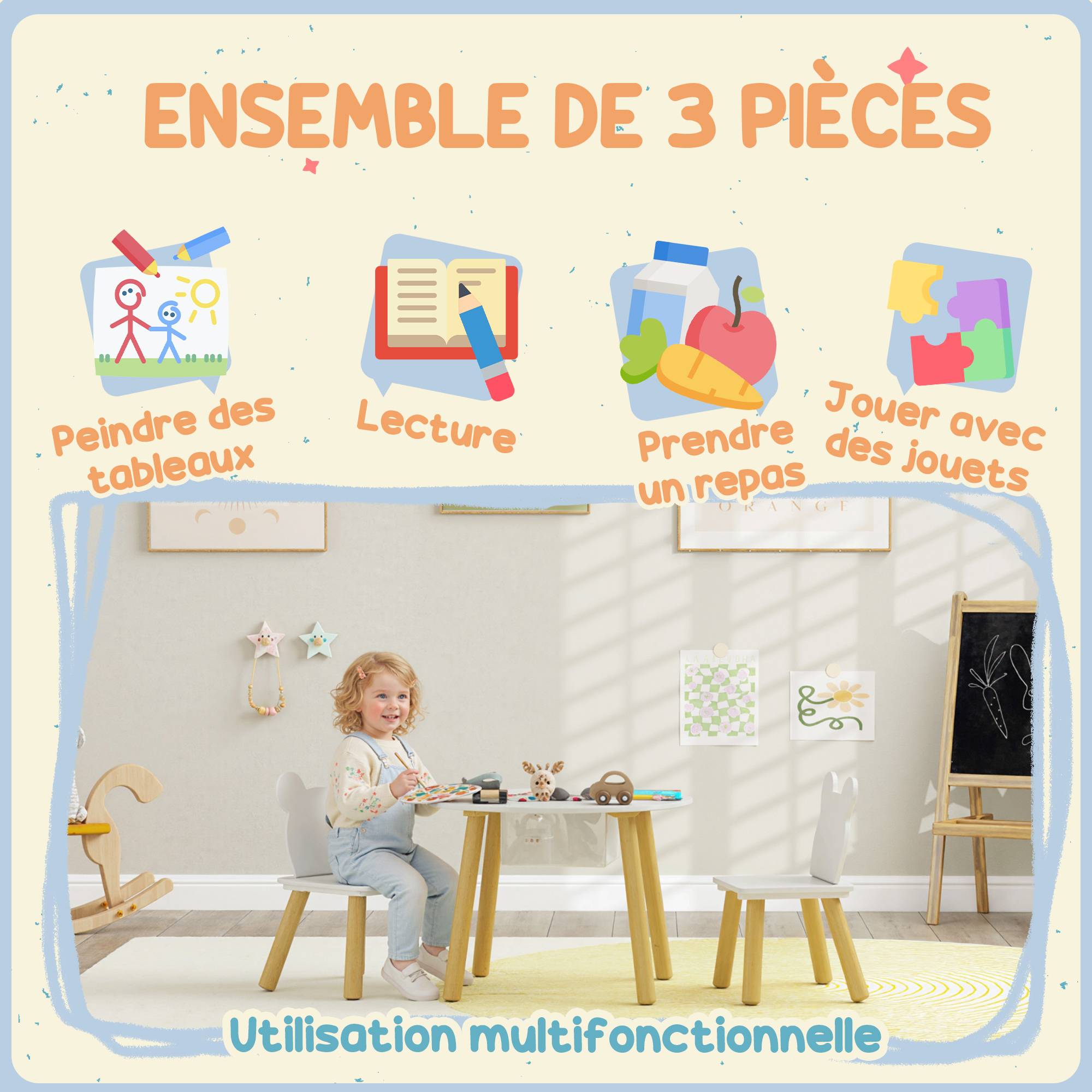 Ensemble 1 table ronde et 2 chaises enfant 3 pièces dossier ours, activités bricolage repas,3-6 ans - Image 8