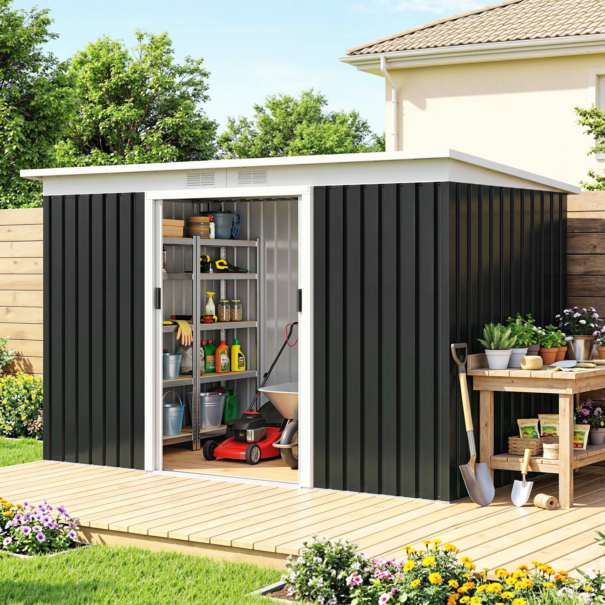 Abri de jardin extérieur 280 x 130 x 172 cm avec portes coulissantes, fond et ventilation, gris foncé - Image 10