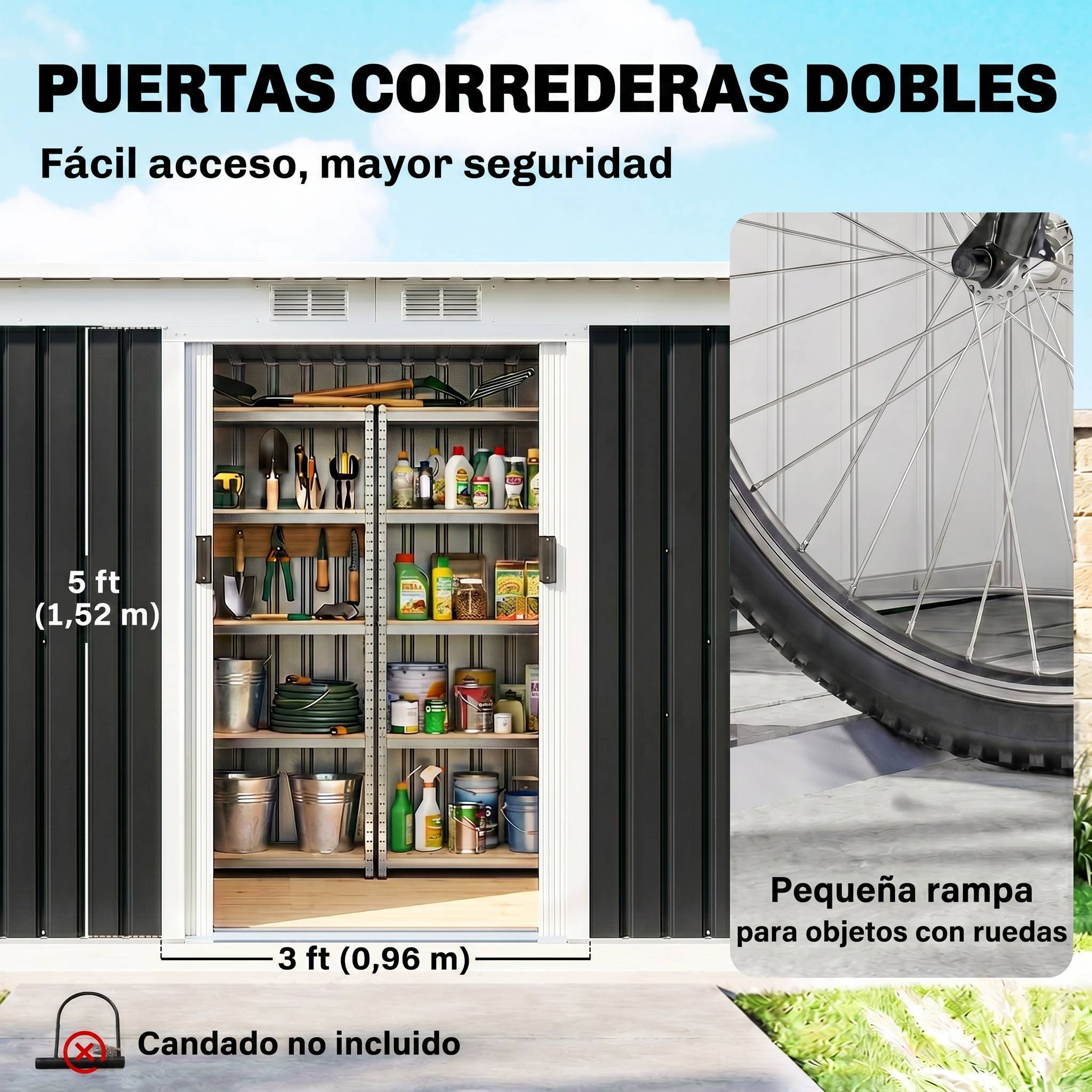 Abri de jardin extérieur 280 x 130 x 172 cm avec portes coulissantes, fond et ventilation, gris foncé - Image 7
