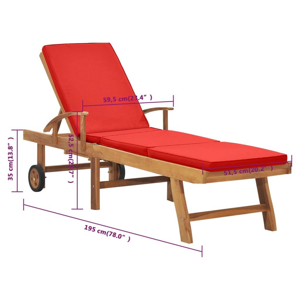 Helloshop26 - Transat chaise longue bain de soleil lit de jardin terrasse meuble d'extérieur avec coussin bois de teck solide rouge - Image 9