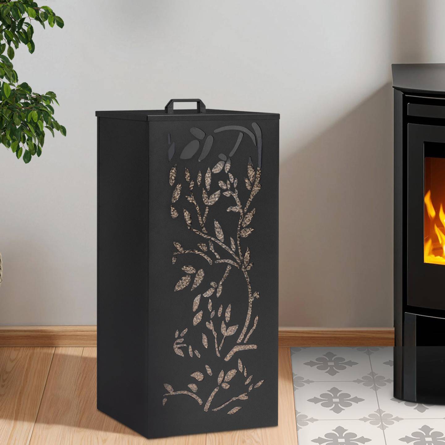 IDMARKET - Réservoir à granulés 55 kg noir rangement à pellets 36 x 36 x 87 cm - motif floral - Image 1