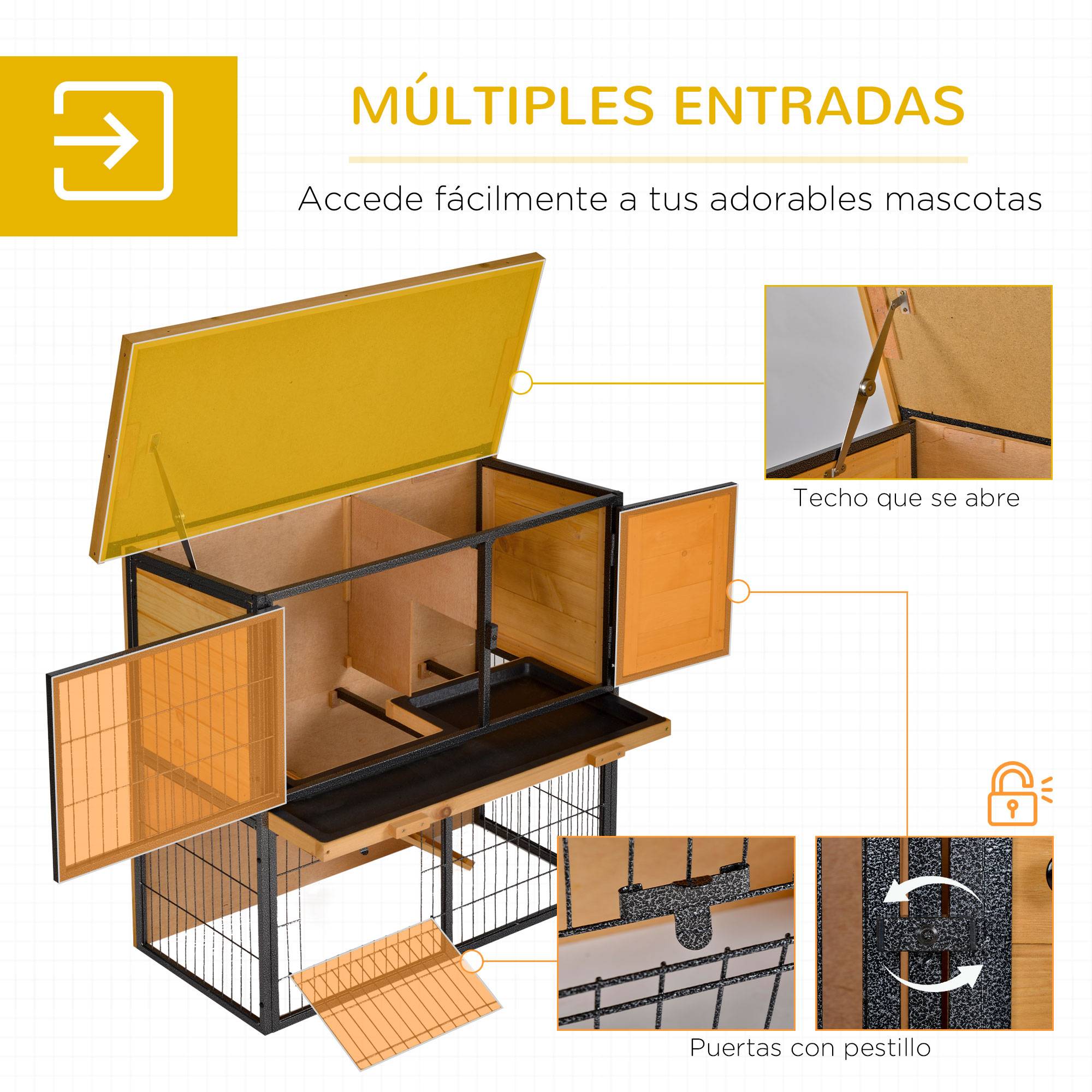 Clapier d'Extérieur en Bois pour Lapins 2 Niveaux avec Enclos Sécurisé Toit Bitumé 90cm Gris - ComfortXL Outdoor Living - Image 7