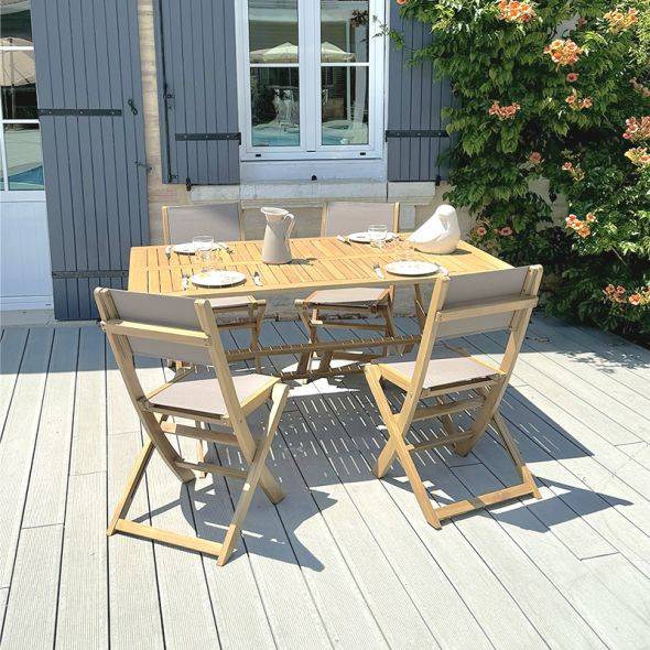 Ensemble table et chaises de jardin RIMINI 4 places en bois d'acacia et textilène taupe Beau Rivage - Image 2