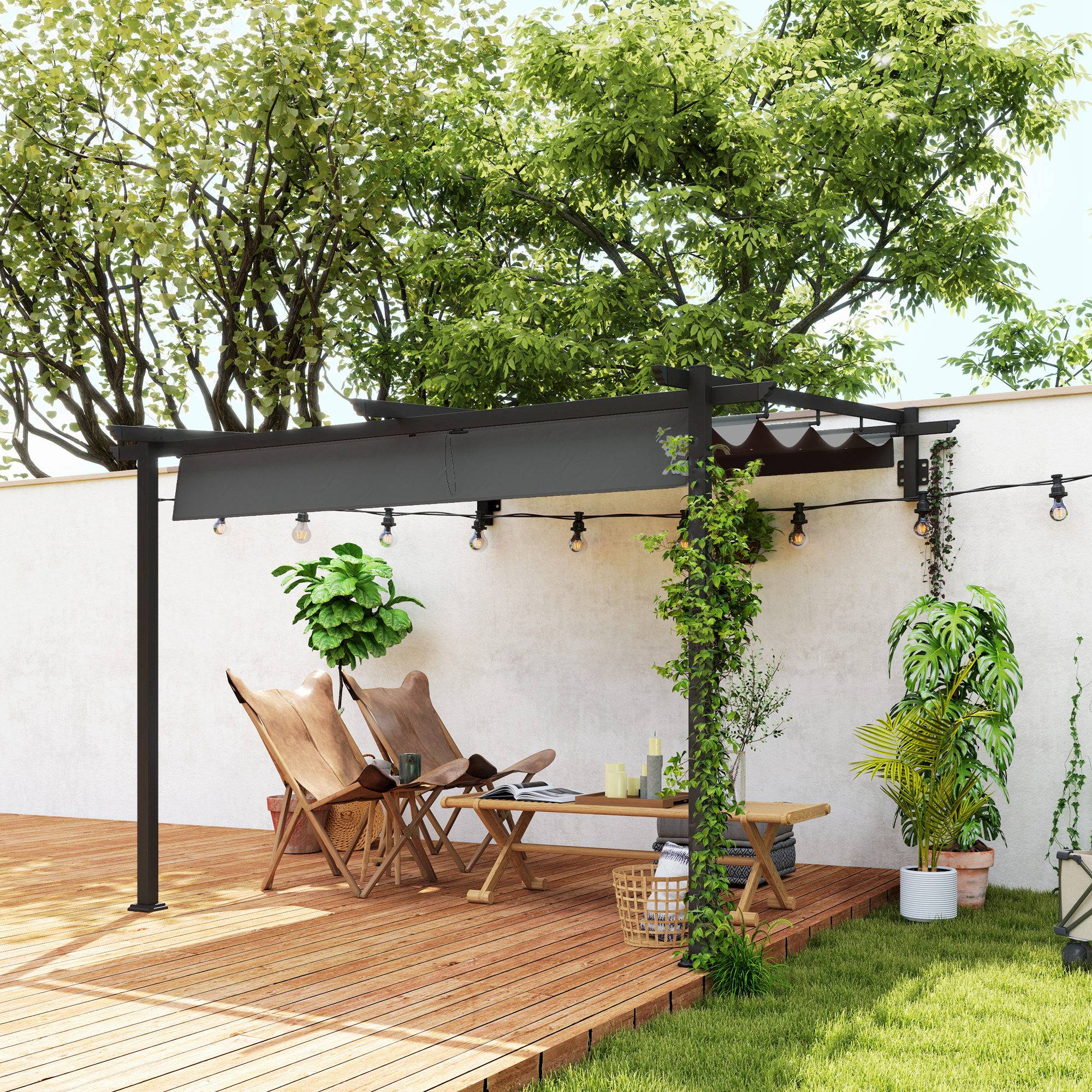 Pergola Adossée Acier Toit Rétractable Ombrage Terrasse 3x3m Gris - ComfortXL Outdoor Living - Image 1