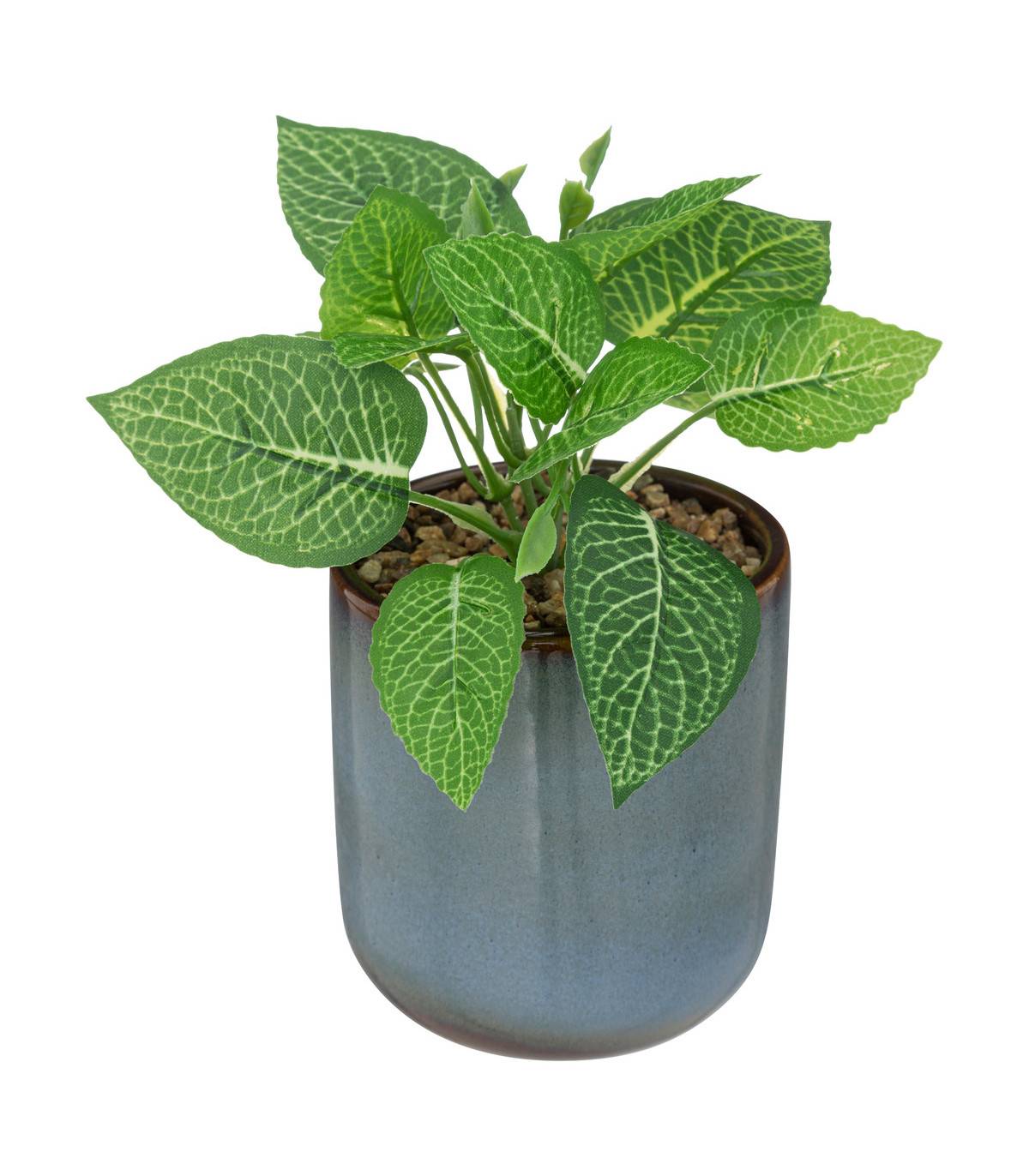 Plante verte artificielle Pot en céramique Bleue émaillée H 16 cm - Image 1