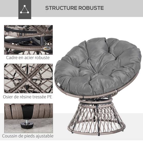 Fauteuil papasan pivotant Résine tressée Jardin Véranda Coussin épais 97cm Gris - ComfortXL Outdoor Living - Image 8