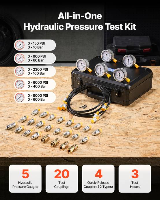 Vevor - VEVOR Kit test pression hydraulique 5 manomètres 10/60/160/400/600 bar, 20 raccords, 4 raccords rapides, 3 tuyaux, mallette. - Image 2