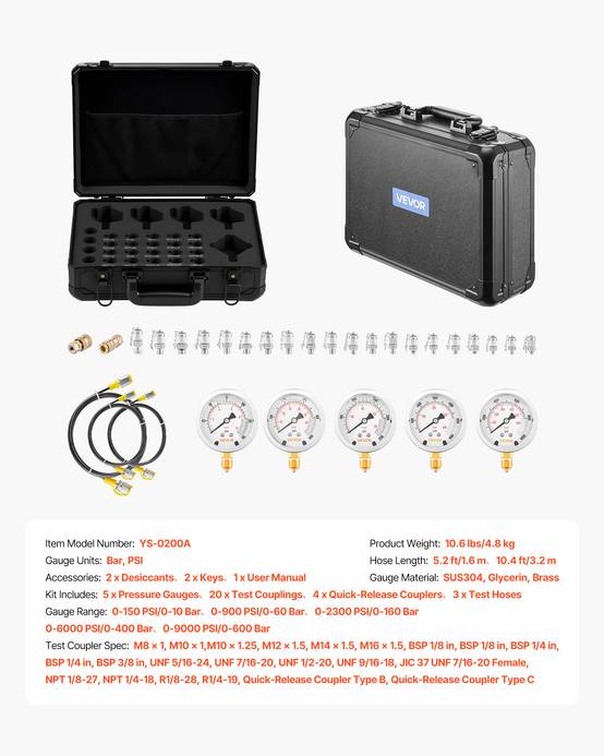 Vevor - VEVOR Kit test pression hydraulique 5 manomètres 10/60/160/400/600 bar, 20 raccords, 4 raccords rapides, 3 tuyaux, mallette. - Image 6