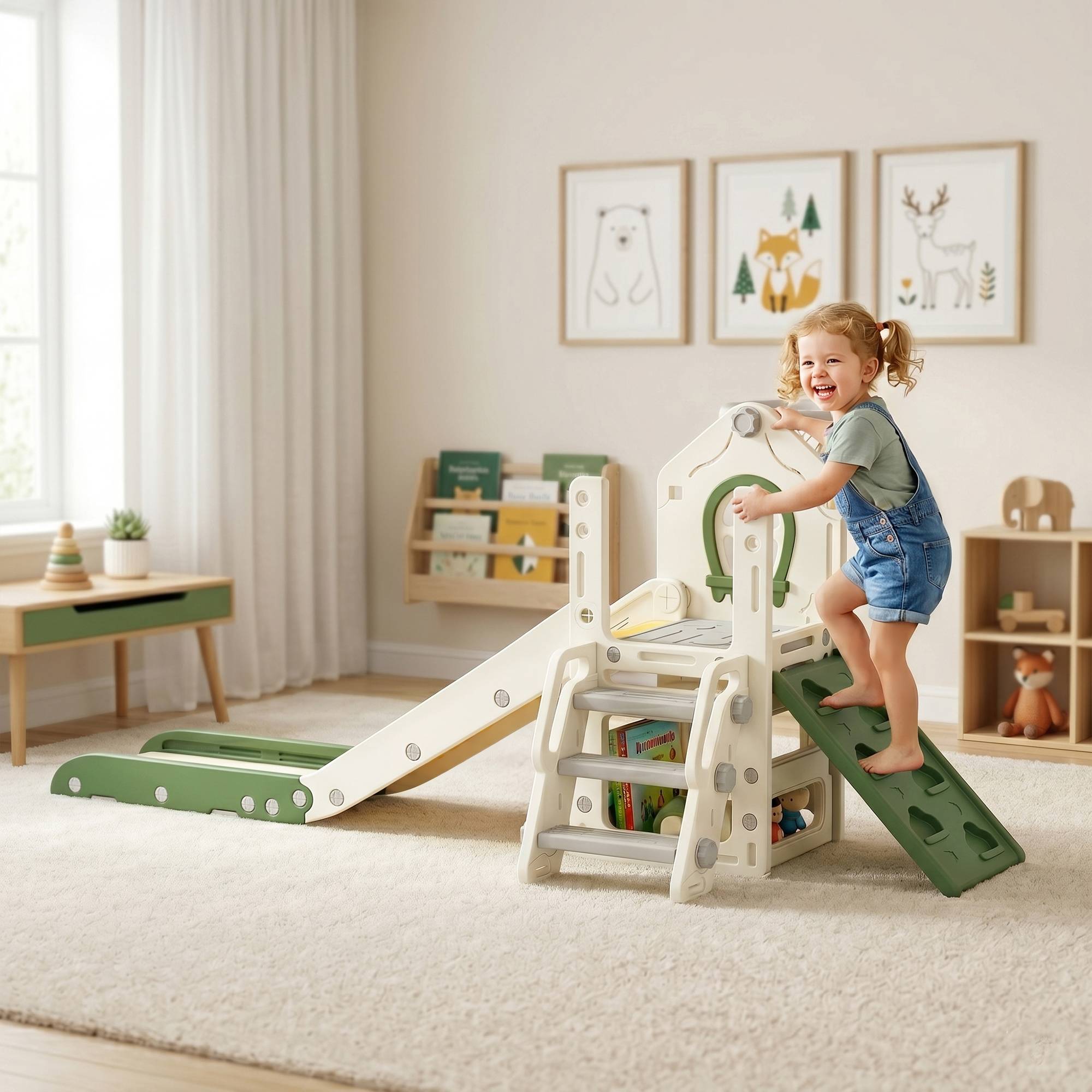 Toboggan pour Enfant Pliable 4-en-1 avec Escalade, Panier de Basket, Espace de Rangement et Ballon, Crème - Image 3