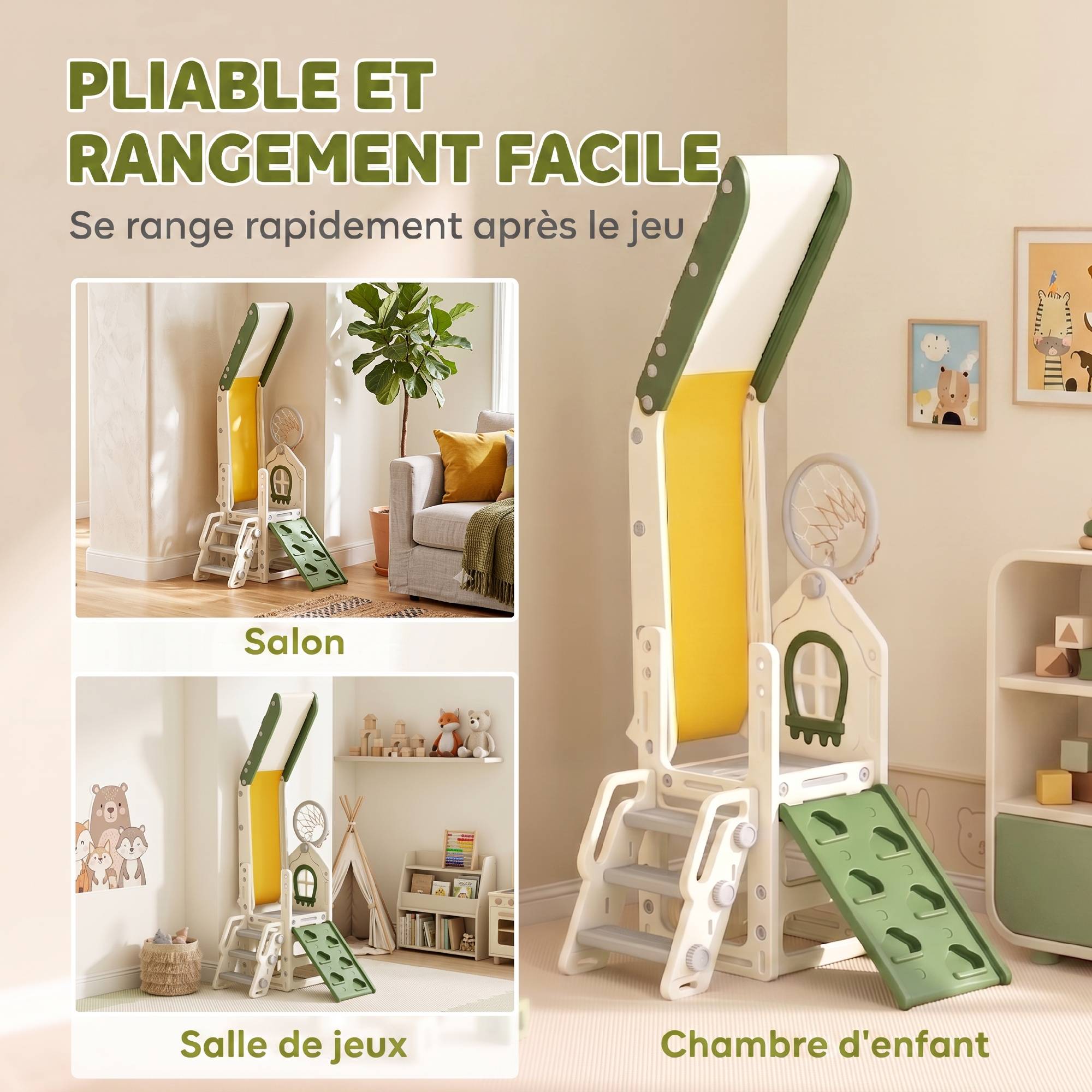 Toboggan pour Enfant Pliable 4-en-1 avec Escalade, Panier de Basket, Espace de Rangement et Ballon, Crème - Image 7