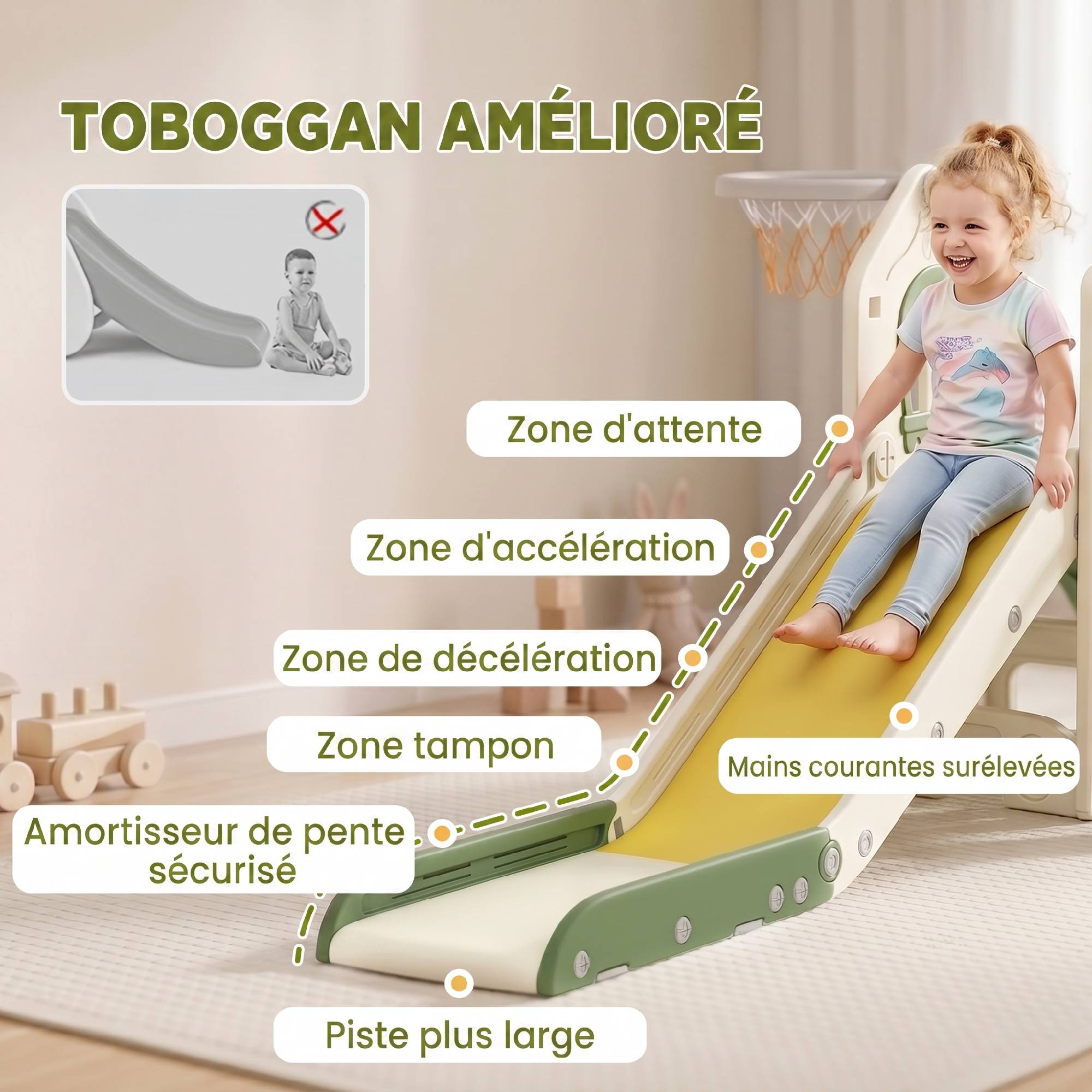 Toboggan pour Enfant Pliable 4-en-1 avec Escalade, Panier de Basket, Espace de Rangement et Ballon, Crème - Image 8