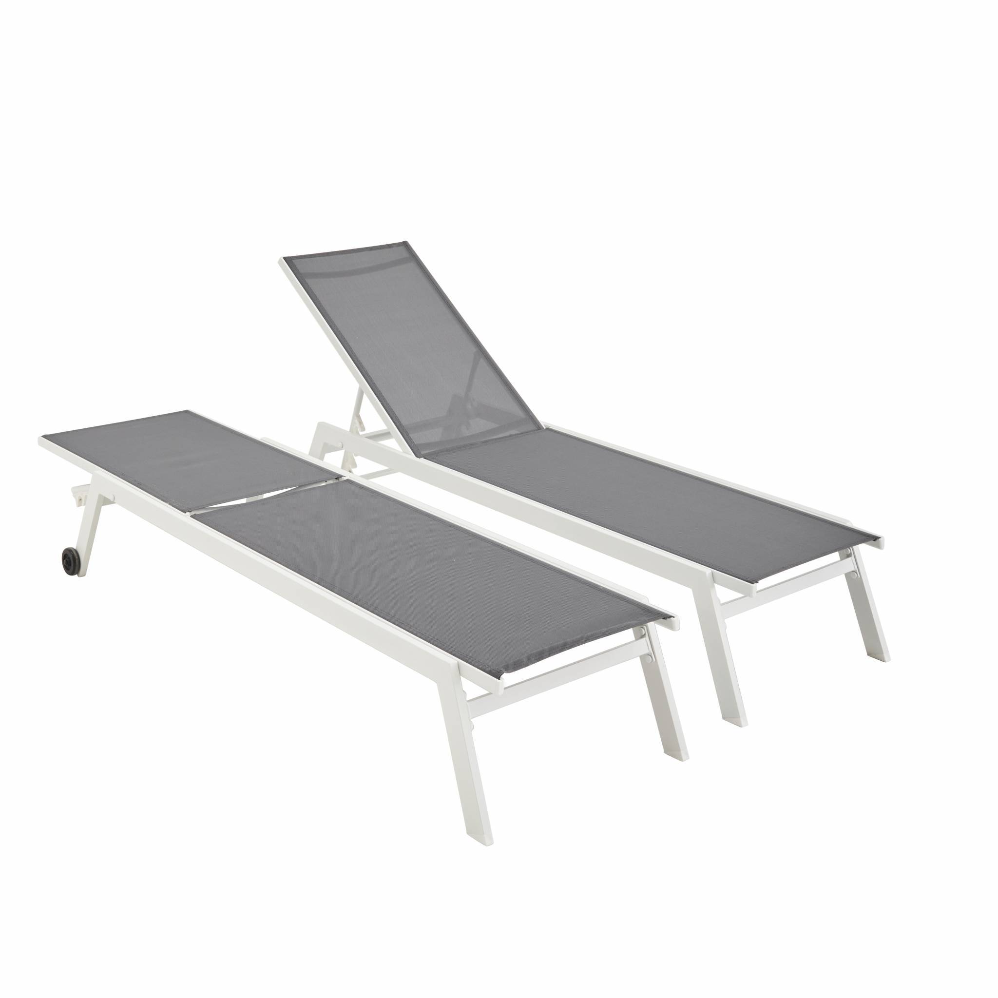 sweeek - Lot de 2 bains de soleil ELSA en aluminium blanc et textilène gris. transats multi positions avec roulettes | sweeek - Image 2