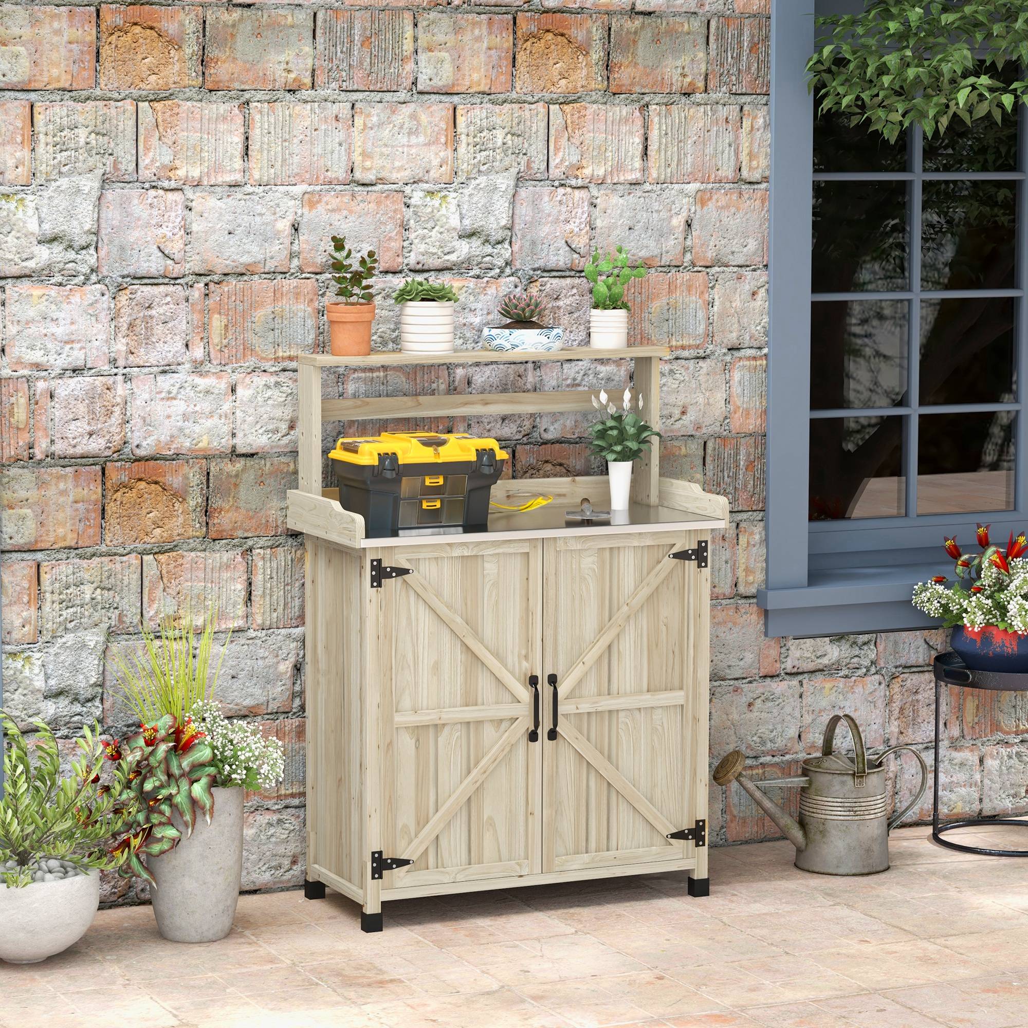 Maison Chic - Table de rempotage table de jardinage placard et étagères et plateau patins antidérapants 90,5x41x124,5cm bois naturel - Image 4