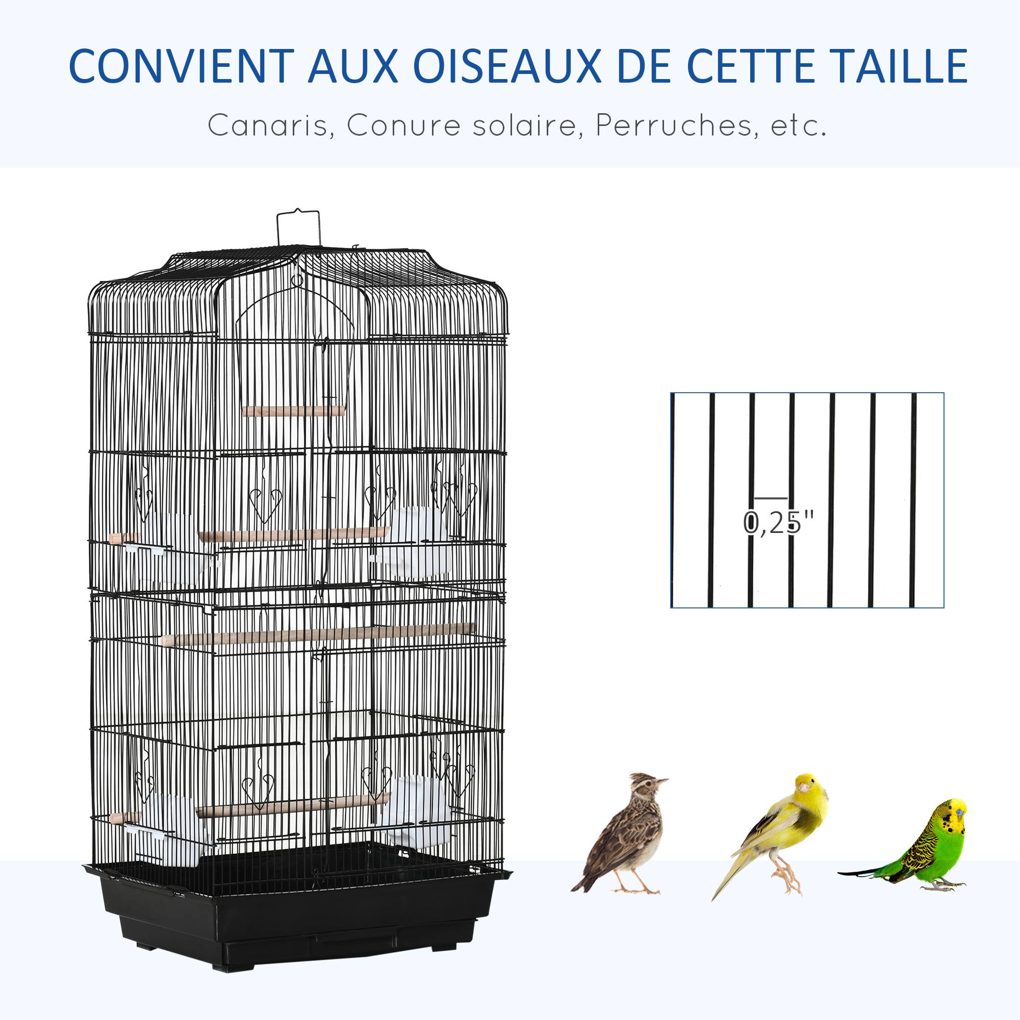 Pawhut - Cage à oiseaux volière avec mangeoires perchoirs plateau amovible dim. 46,5L x 35,5l x 92H cm métal PS noir - Image 7