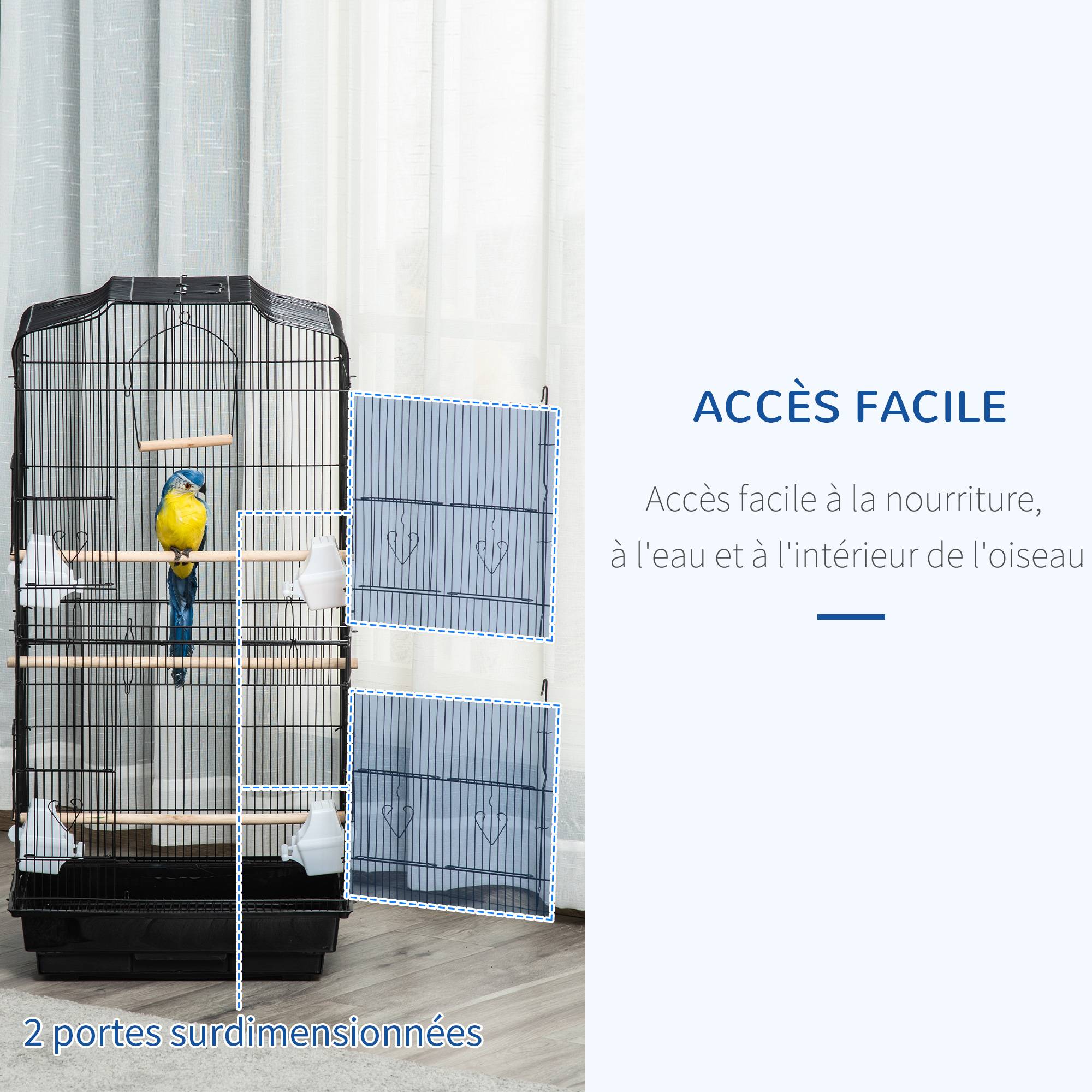 Pawhut - Cage à oiseaux volière avec mangeoires perchoirs plateau amovible dim. 46,5L x 35,5l x 92H cm métal PS noir - Image 6