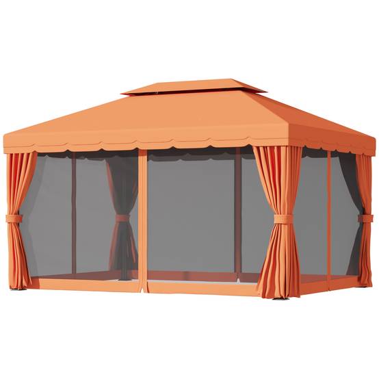 Tonnelle Aluminium Jardin Double Toit Rideaux Moustiquaire 4x3m Orange - ComfortXL Outdoor Living - Image 2
