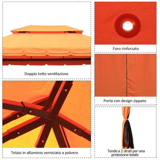 Tonnelle Aluminium Jardin Double Toit Rideaux Moustiquaire 4x3m Orange - ComfortXL Outdoor Living - Image 9