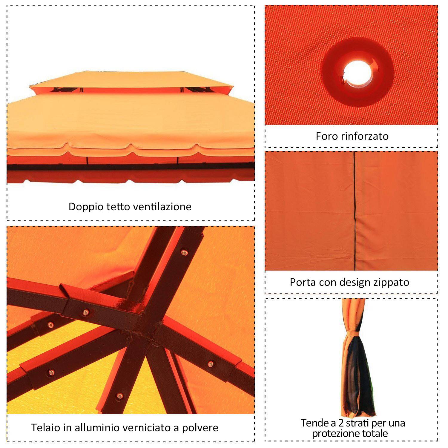 Tonnelle Aluminium Jardin Double Toit Rideaux Moustiquaire 4x3m Orange - ComfortXL Outdoor Living - Image 9