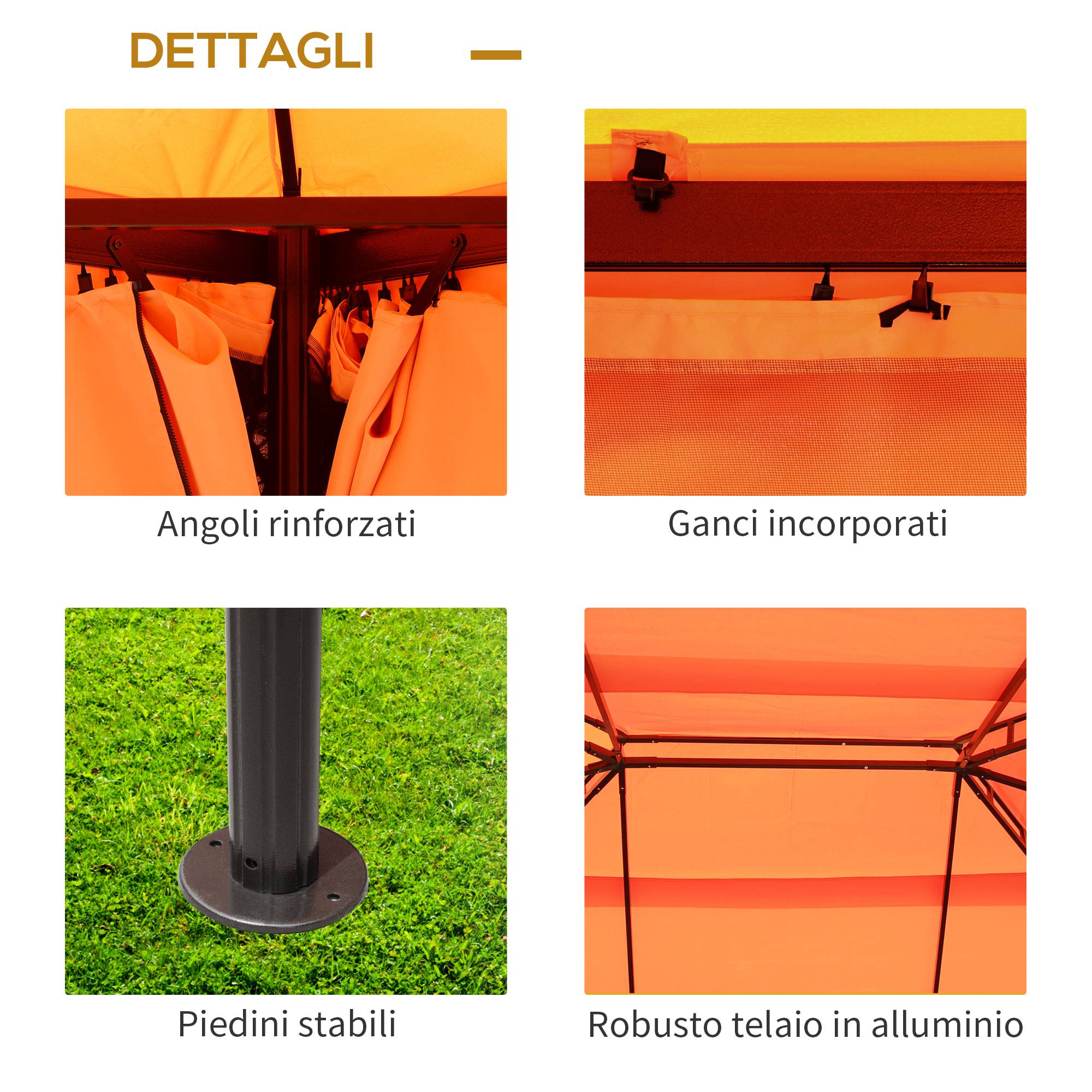 Tonnelle Aluminium Jardin Double Toit Rideaux Moustiquaire 4x3m Orange - ComfortXL Outdoor Living - Image 8