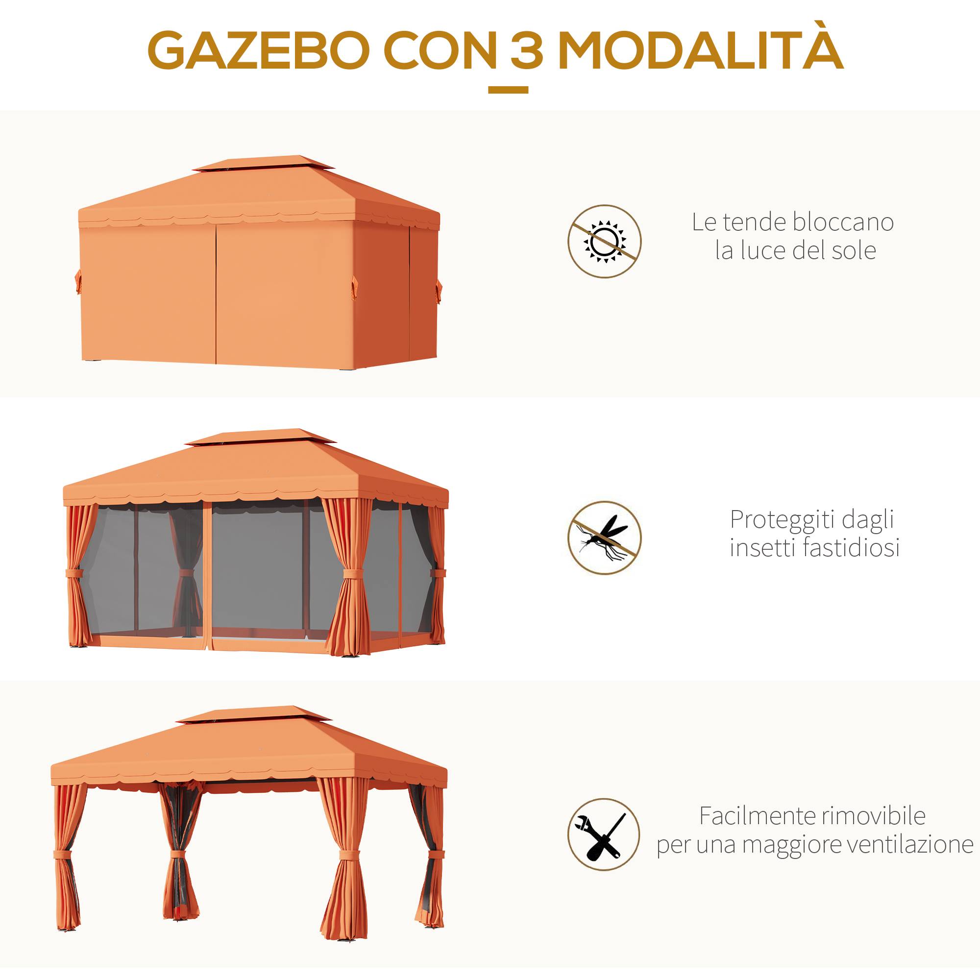 Tonnelle Aluminium Jardin Double Toit Rideaux Moustiquaire 4x3m Orange - ComfortXL Outdoor Living - Image 7