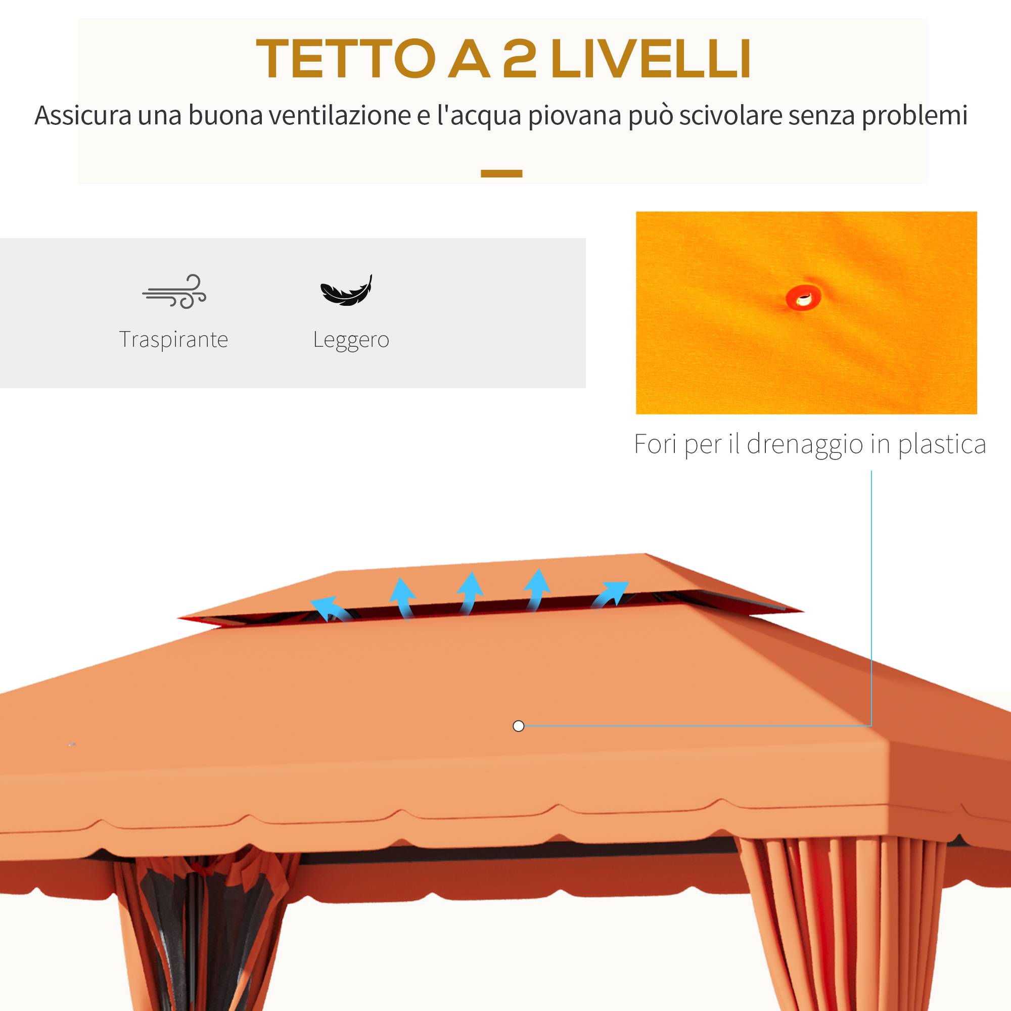 Tonnelle Aluminium Jardin Double Toit Rideaux Moustiquaire 4x3m Orange - ComfortXL Outdoor Living - Image 6