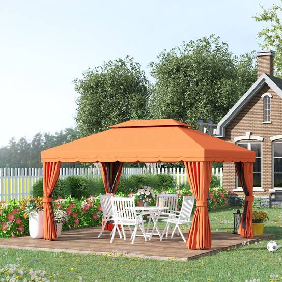 Tonnelle Aluminium Jardin Double Toit Rideaux Moustiquaire 4x3m Orange - ComfortXL Outdoor Living - Image 3