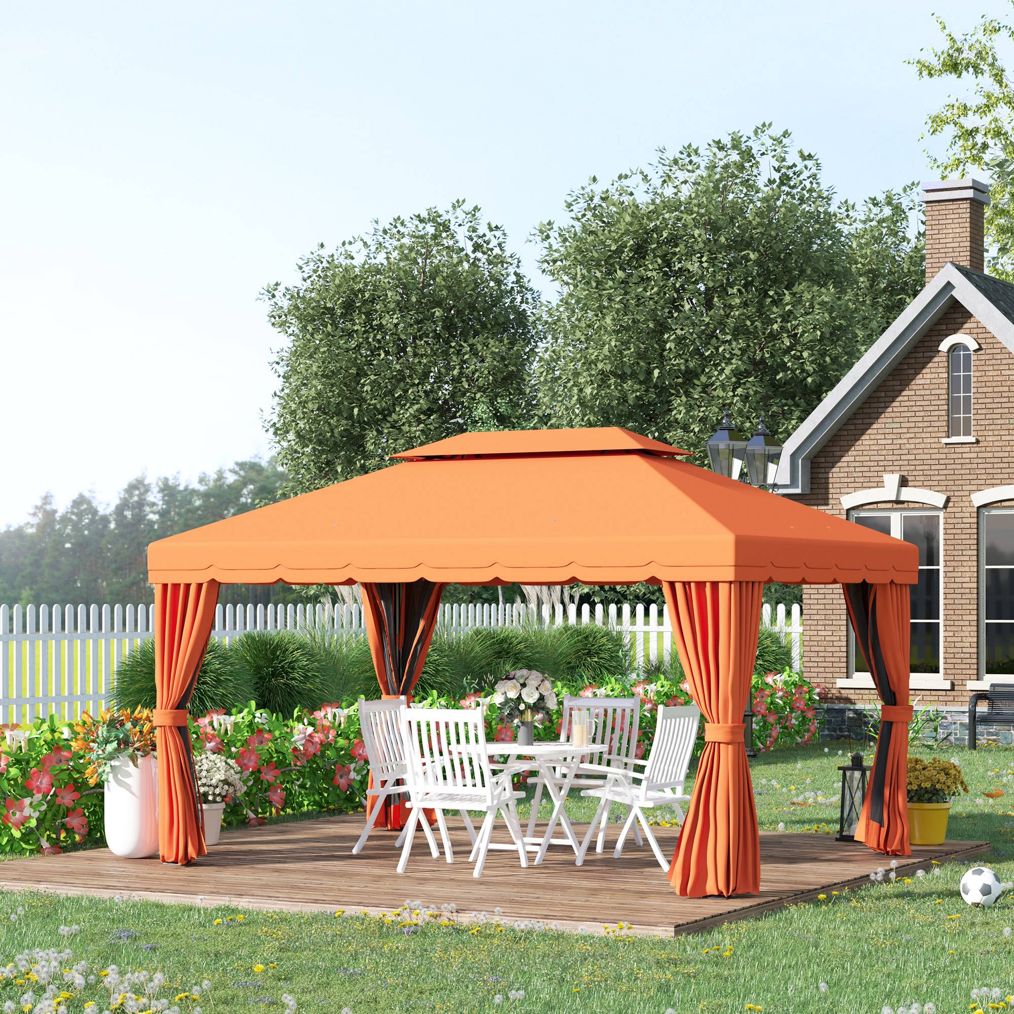Tonnelle Aluminium Jardin Double Toit Rideaux Moustiquaire 4x3m Orange - ComfortXL Outdoor Living - Image 3