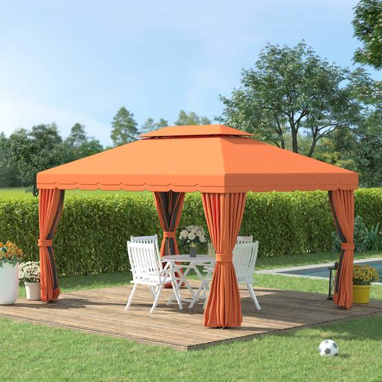 Tonnelle Aluminium Jardin Double Toit Rideaux Moustiquaire 4x3m Orange - ComfortXL Outdoor Living - Image 4