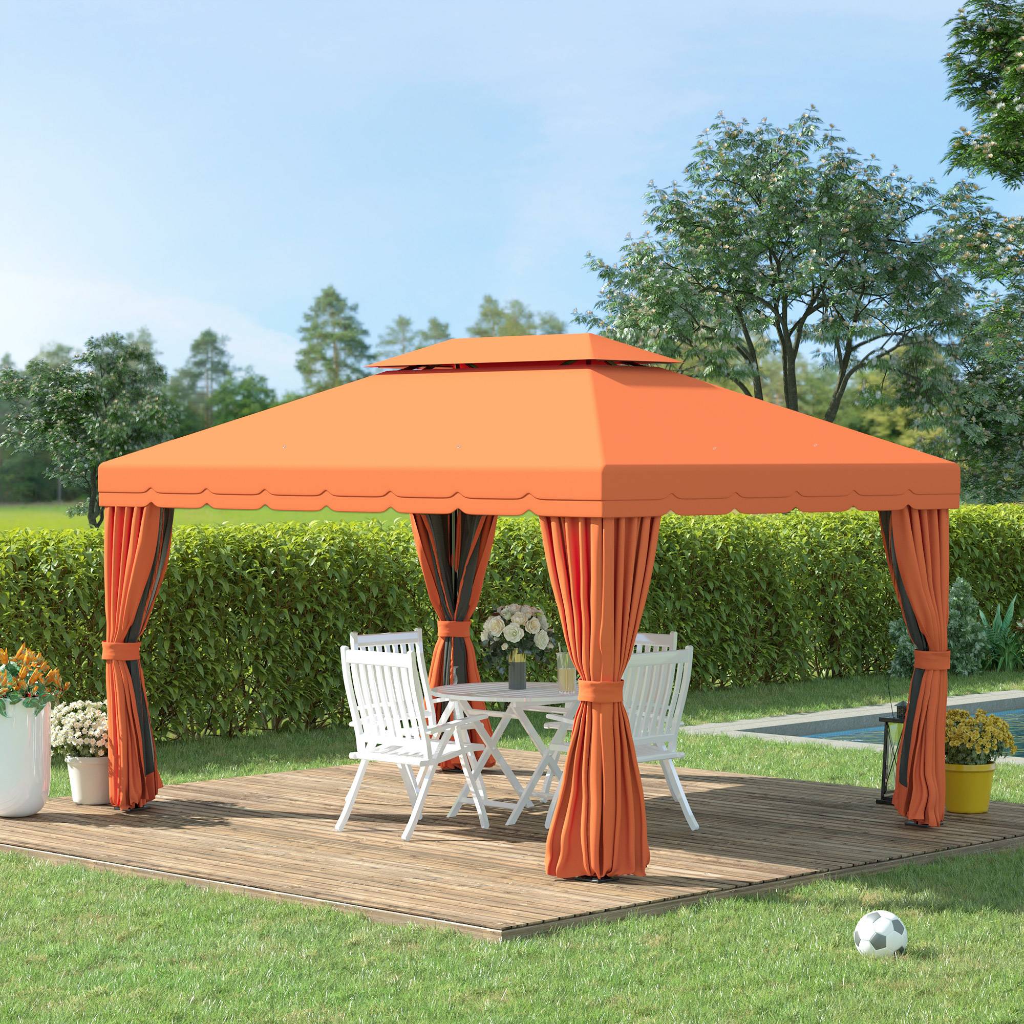 Tonnelle Aluminium Jardin Double Toit Rideaux Moustiquaire 4x3m Orange - ComfortXL Outdoor Living - Image 4