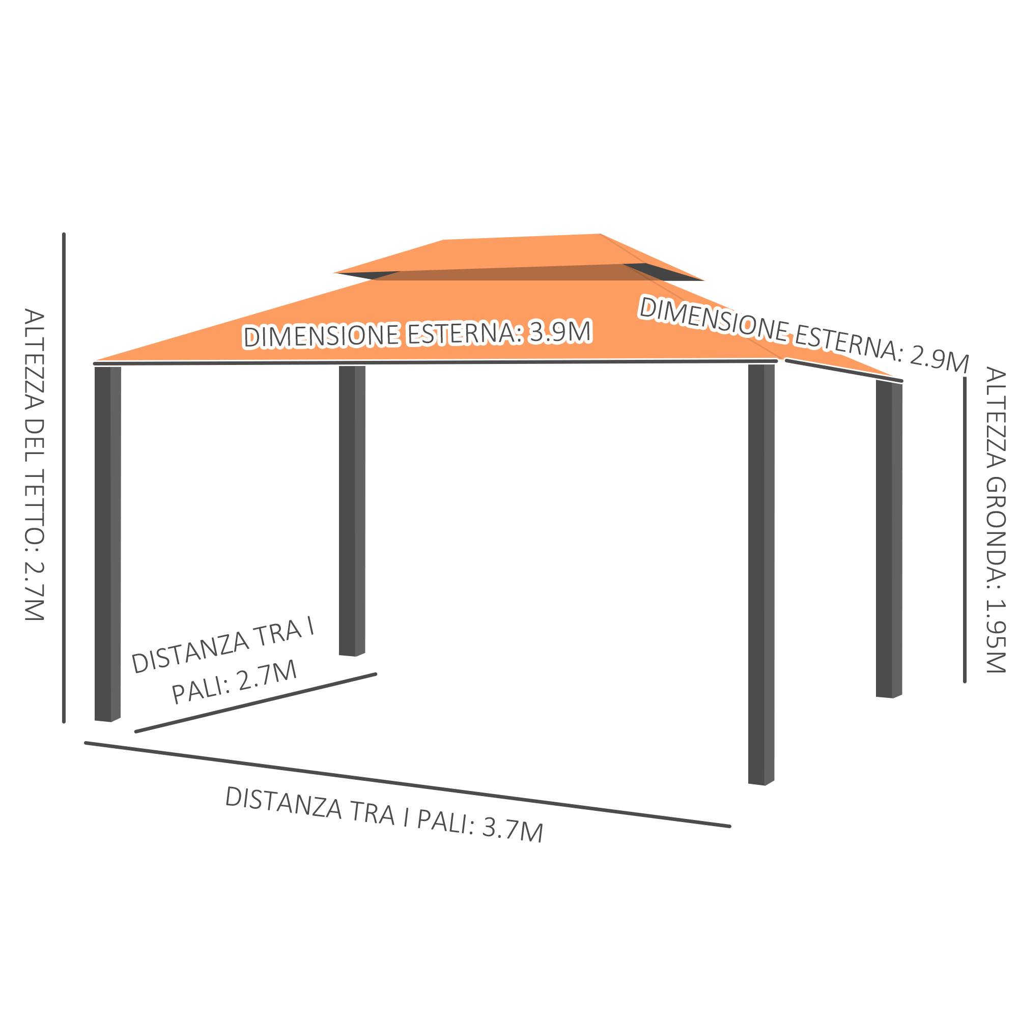 Tonnelle Aluminium Jardin Double Toit Rideaux Moustiquaire 4x3m Orange - ComfortXL Outdoor Living - Image 5