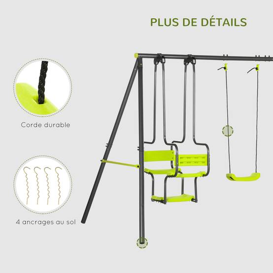 Balançoire 4 agrès portique avec balançoire - dim. 3,55L x 1,84l x 1,86H m métal époxy anticorrosion PE Gris - Image 9