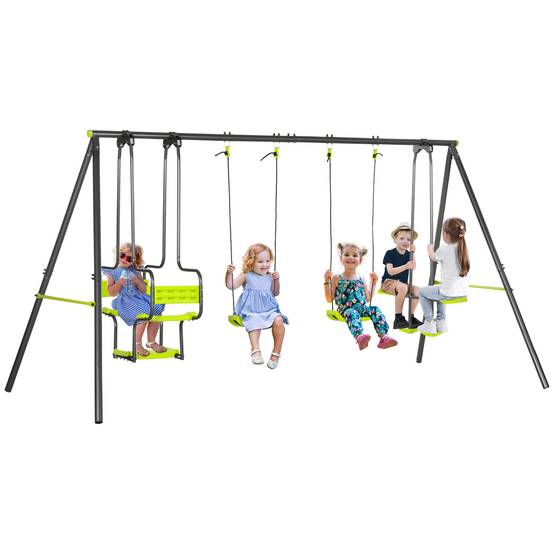 Balançoire 4 agrès portique avec balançoire - dim. 3,55L x 1,84l x 1,86H m métal époxy anticorrosion PE Gris - Image 1
