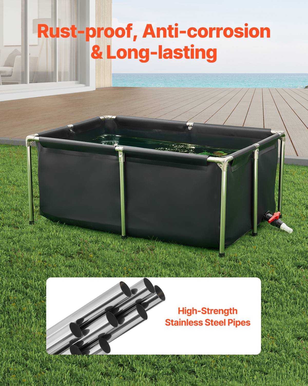 Vevor - VEVOR Bassin à poissons hors sol 480 L, toile PVC 0,9 mm, cadre inox, vanne de vidange, pour carpes, koïs, poissons rouges, extérieur/intérieur - Image 4