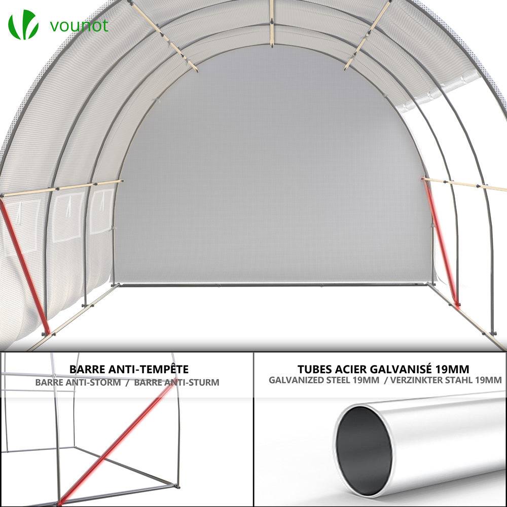 Serre de jardin tunnel Toute Saison 9m² - 3L x 3l x 2H m - fenêtres et portes latérales zippées enroulables, barre anti-tempête - Image 7