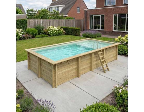 Altanka - Piscine hors sol en bois AQUA 7 x 3.75 - H.1.45 m avec plage, sable, fixations à sceller - BAS7308OSPI3+PLA308 - ALTANKA - Image 1