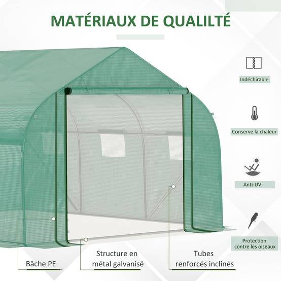 Serre Tunnel de Jardin Grande 3.5 x 3 x 2 m - 6 fenêtres et Porte zippée Enroulable - Acier galvanisé PE Haute densité Vert - Image 5