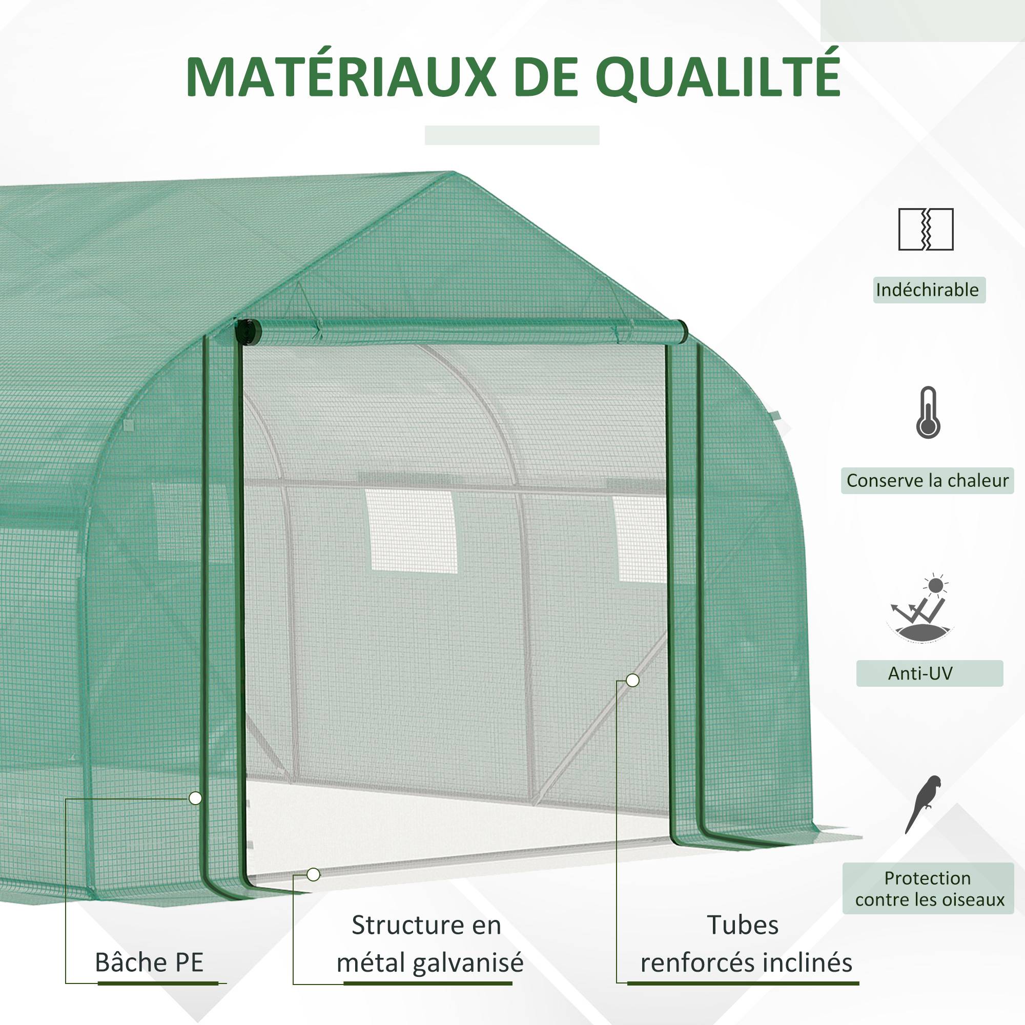 Serre Tunnel de Jardin Grande 3.5 x 3 x 2 m - 6 fenêtres et Porte zippée Enroulable - Acier galvanisé PE Haute densité Vert - Image 5