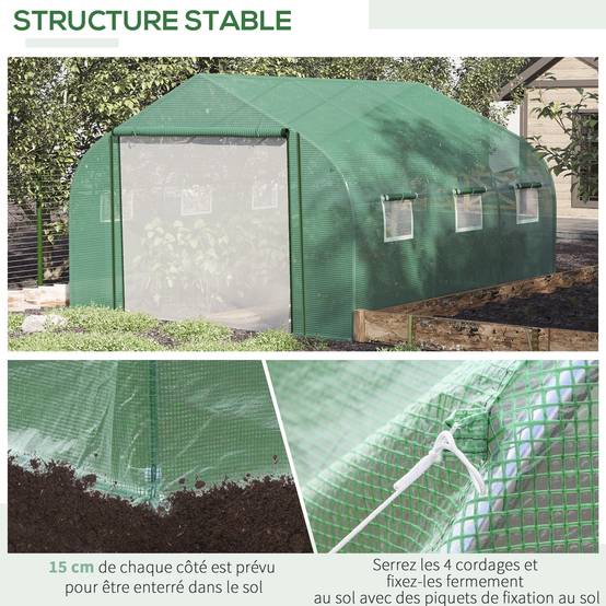 Serre Tunnel de Jardin Grande 3.5 x 3 x 2 m - 6 fenêtres et Porte zippée Enroulable - Acier galvanisé PE Haute densité Vert - Image 7