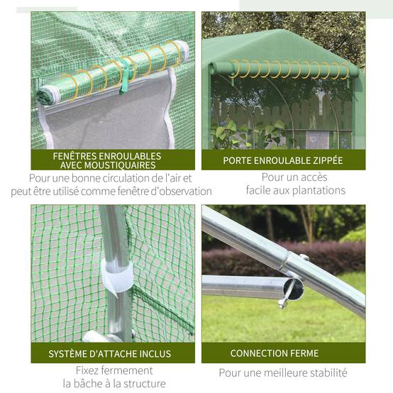 Serre Tunnel de Jardin Grande 3.5 x 3 x 2 m - 6 fenêtres et Porte zippée Enroulable - Acier galvanisé PE Haute densité Vert - Image 6