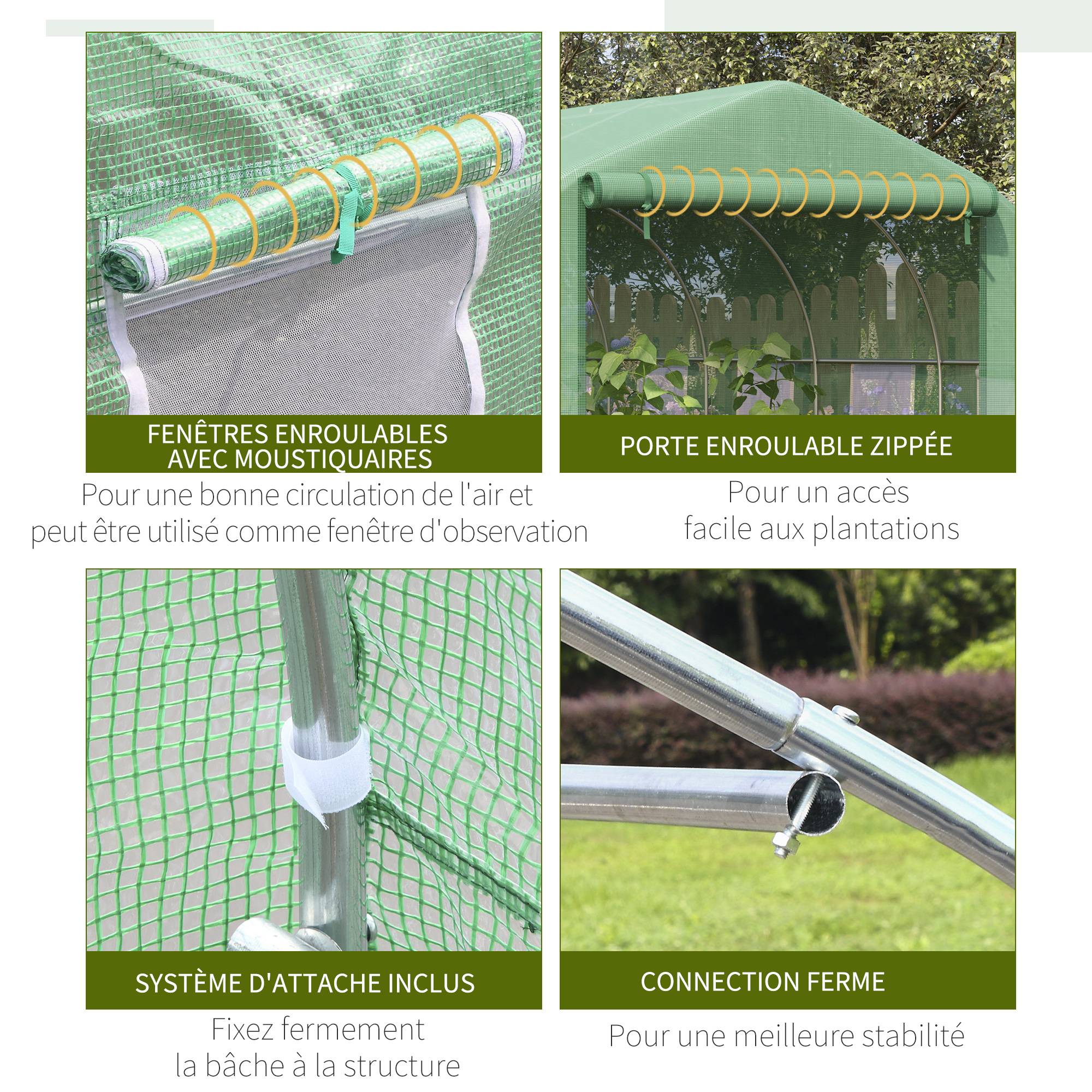 Serre Tunnel de Jardin Grande 3.5 x 3 x 2 m - 6 fenêtres et Porte zippée Enroulable - Acier galvanisé PE Haute densité Vert - Image 6