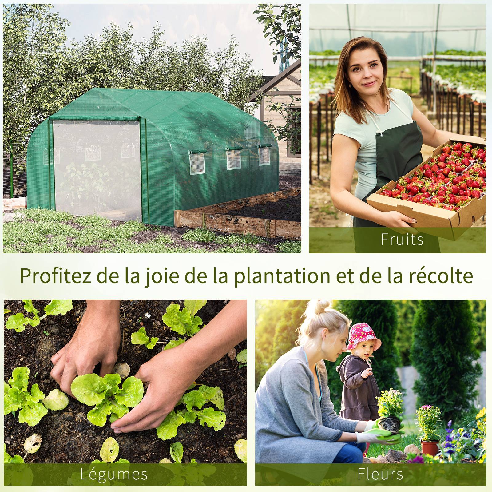 Serre Tunnel de Jardin Grande 3.5 x 3 x 2 m - 6 fenêtres et Porte zippée Enroulable - Acier galvanisé PE Haute densité Vert - Image 8