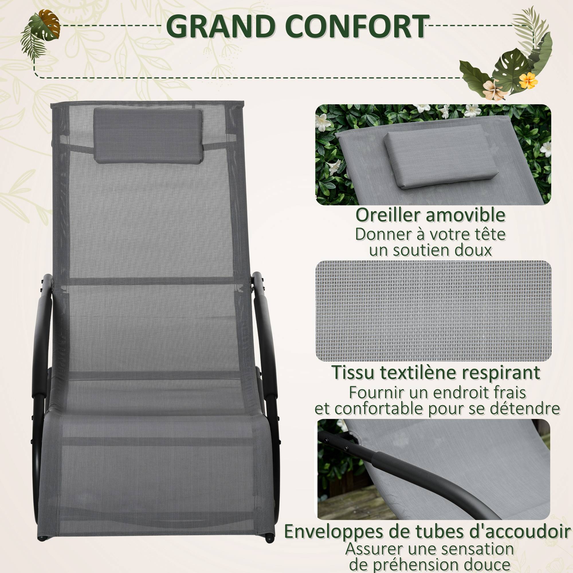 Chaise longue à bascule métal galvanisé gris 150 x 62 x 84 cm - PANGIVO - Image 8