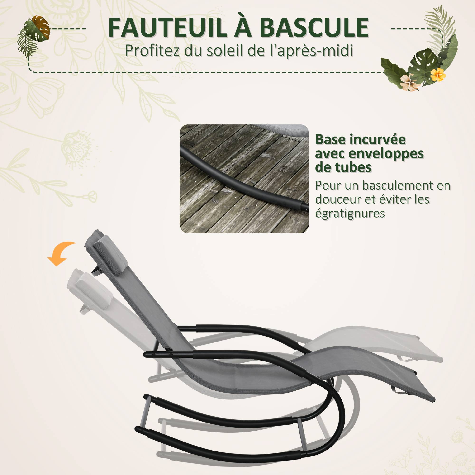 Chaise longue à bascule métal galvanisé gris 150 x 62 x 84 cm - PANGIVO - Image 6