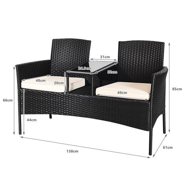 Helloshop26 - Banc salon de jardin en polyrotin anti-uv 2 places table intégrée en verre trempé avec coussins epais 138 x 61 x 85 cm noir+blanc - Image 6