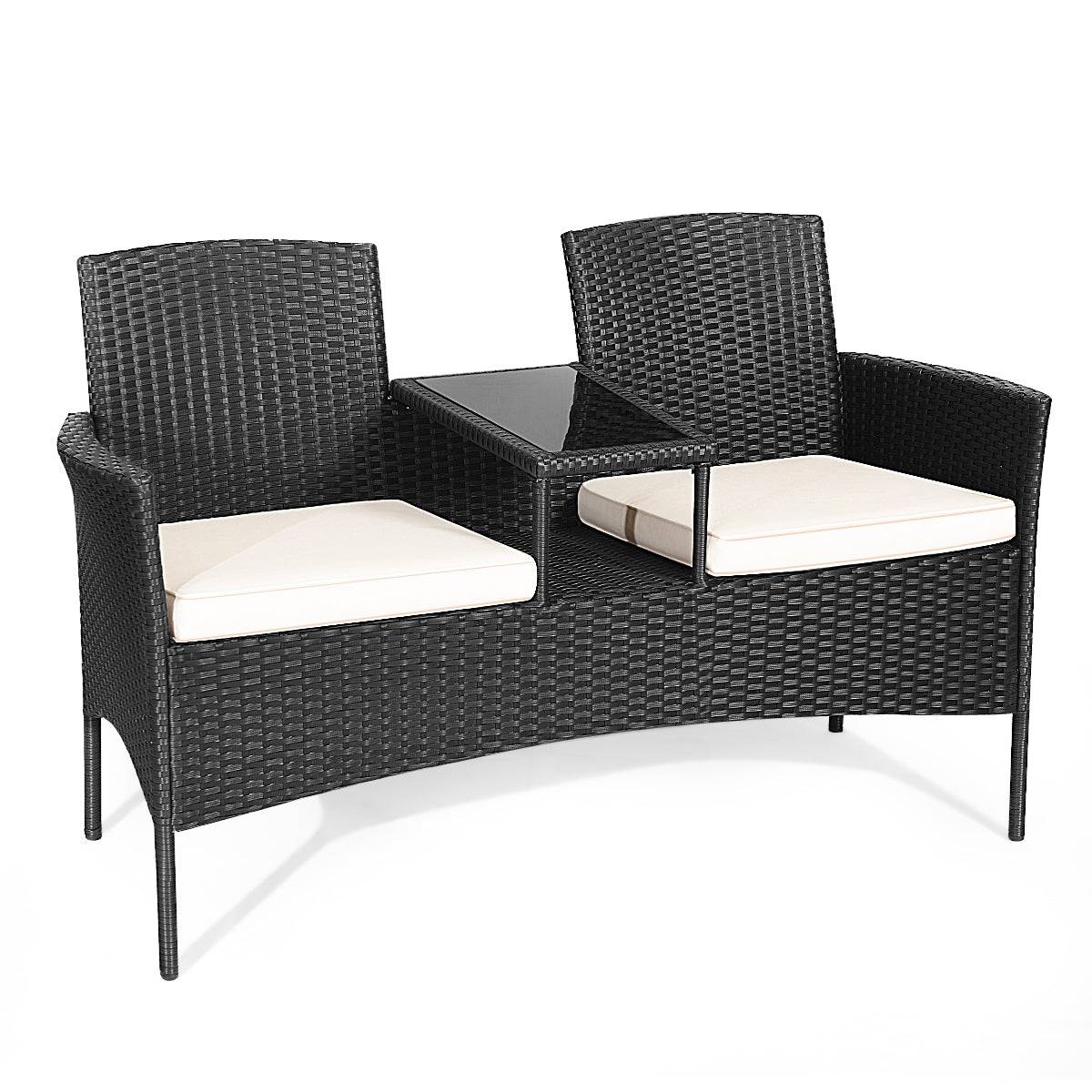 Helloshop26 - Banc salon de jardin en polyrotin anti-uv 2 places table intégrée en verre trempé avec coussins epais 138 x 61 x 85 cm noir+blanc - Image 1