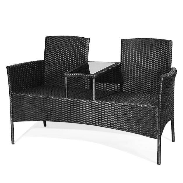 Helloshop26 - Banc salon de jardin en polyrotin anti-uv 2 places table intégrée en verre trempé avec coussins epais 138 x 61 x 85 cm noir+blanc - Image 3