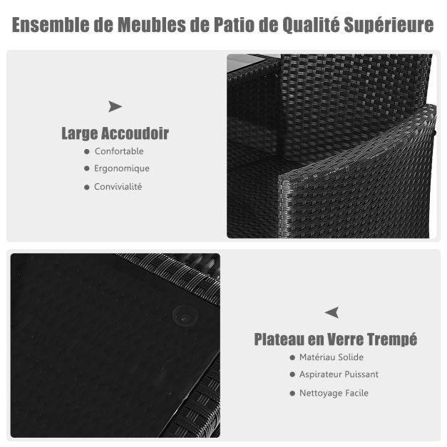 Helloshop26 - Banc salon de jardin en polyrotin anti-uv 2 places table intégrée en verre trempé avec coussins epais 138 x 61 x 85 cm noir+blanc - Image 5